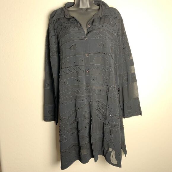 VTG Chico’s Black Beaded Oversized button Up Tunic Swim Cover Up Split Hem 3 XL - Picture 10 of 16